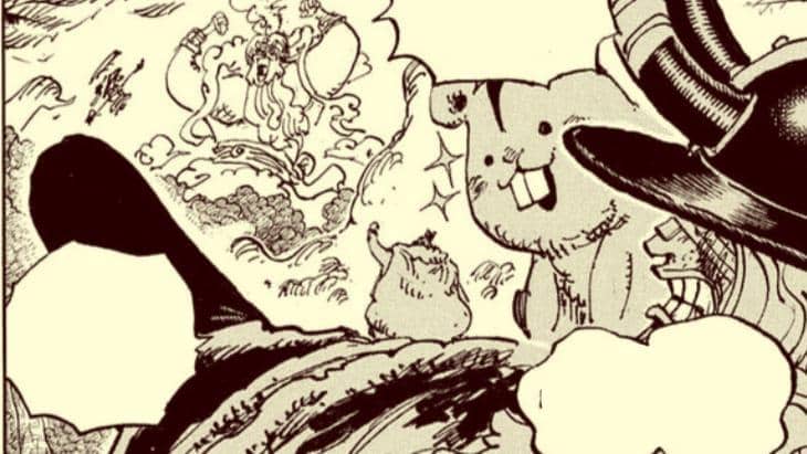 Panel manga One Piece menampilkan Jinbe bersama dua karakter hewan kecil bernama Ragnir dan Loki dalam suasana tegang.
