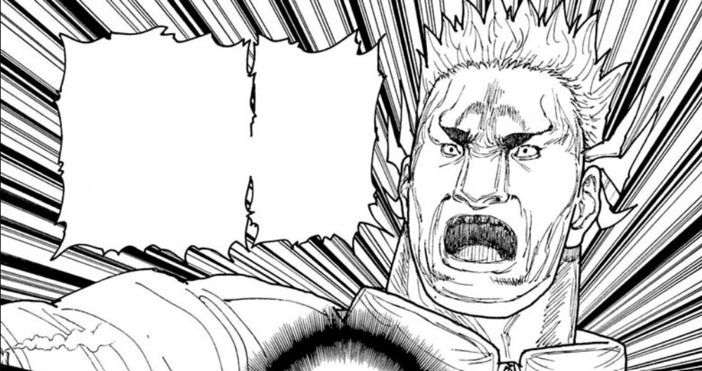 Ilustrasi karakter manga dengan ekspresi marah dan latar garis kejut dramatis dari seri Hunter x Hunter karya Yoshihiro Togashi.