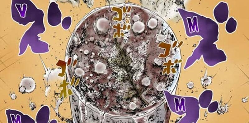 Ilustrasi hasil tes Nen Tserriednich dari manga Hunter x Hunter menampilkan cairan berwarna gelap dengan gelembung dan efek suara di sekitarnya.