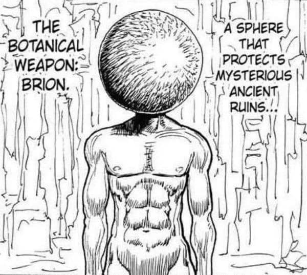 Ilustrasi karakter Brion dari Dark Continent dengan tubuh berotot dan kepala berbentuk bola besar dalam latar tebing misterius.