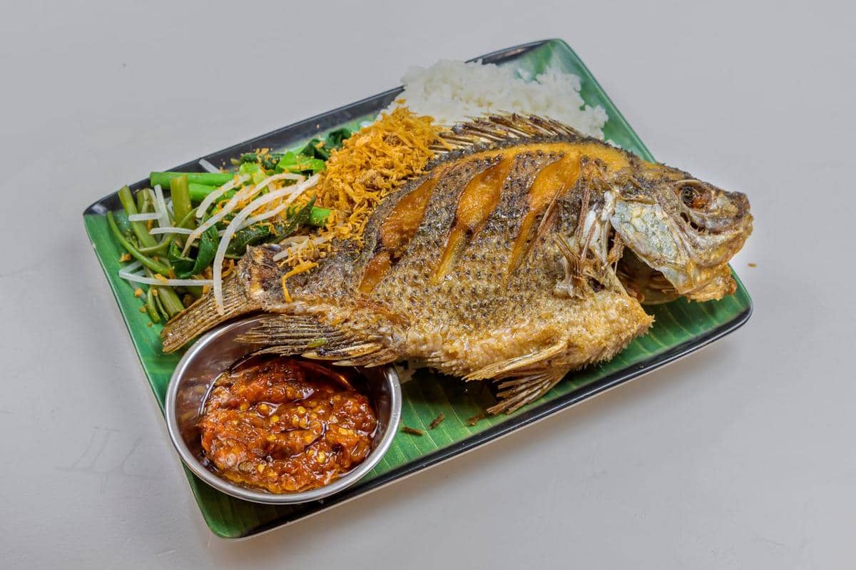 Sepiring ikan goreng utuh disajikan dengan nasi putih, sayuran rebus, taburan bawang goreng, dan sambal pedas dalam wadah kecil.