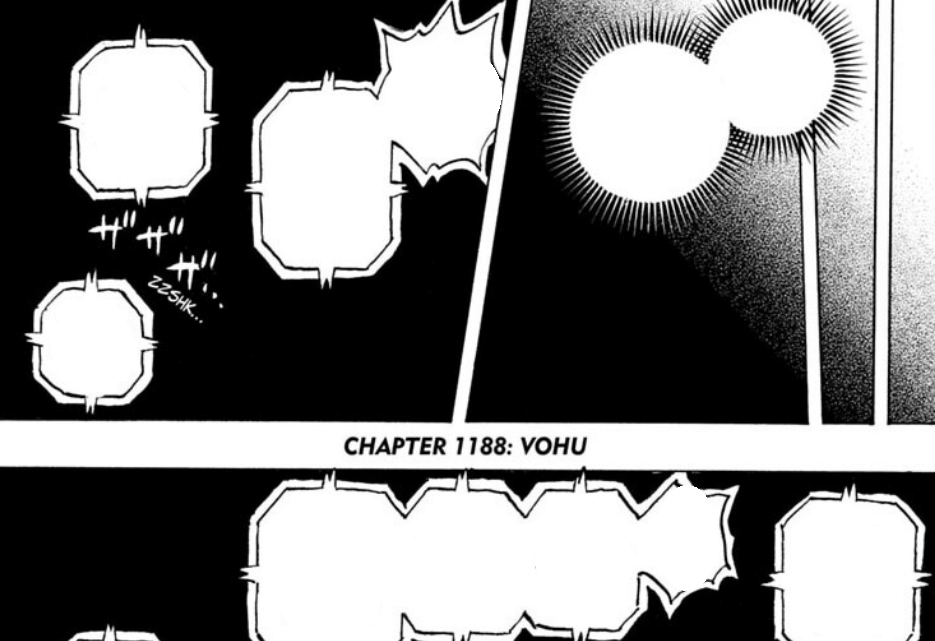 Halaman pembuka manga One Piece bab 1188 berjudul Vohu menampilkan panel hitam putih dengan efek cahaya dan teks judul di tengah.