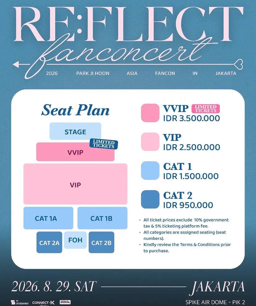 Poster fan concert Park Ji Hoon RE:FLECT di Jakarta tahun 2026 menampilkan denah tempat duduk dan daftar harga tiket berbagai kategori.