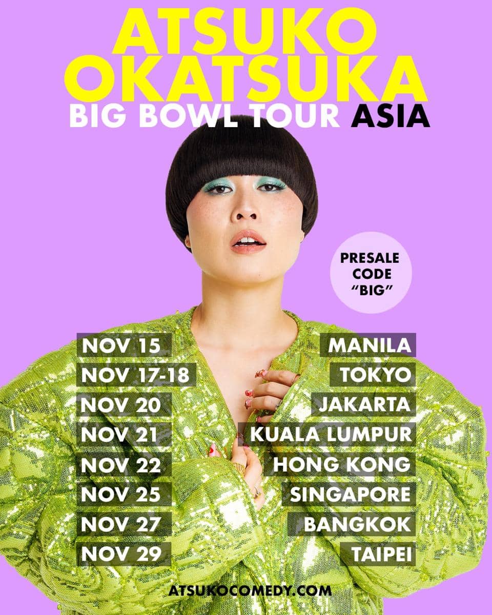 Poster tur stand-up comedy Big Bowl Tour Asia 2026 menampilkan seorang komedian dengan jaket hijau berkilau dan latar ungu.