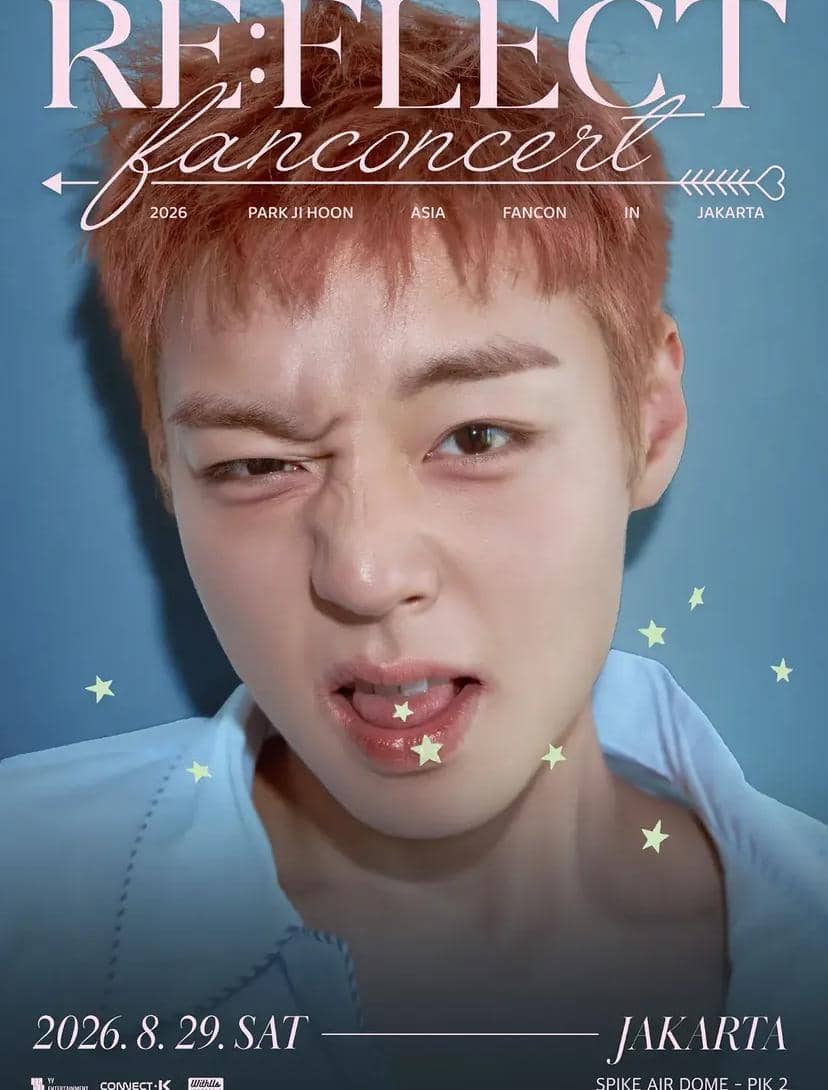 Poster fan concert RE:FLect Park Ji Hoon di Jakarta tahun 2026 dengan latar biru dan bintang kecil menghiasi wajah penyanyi.