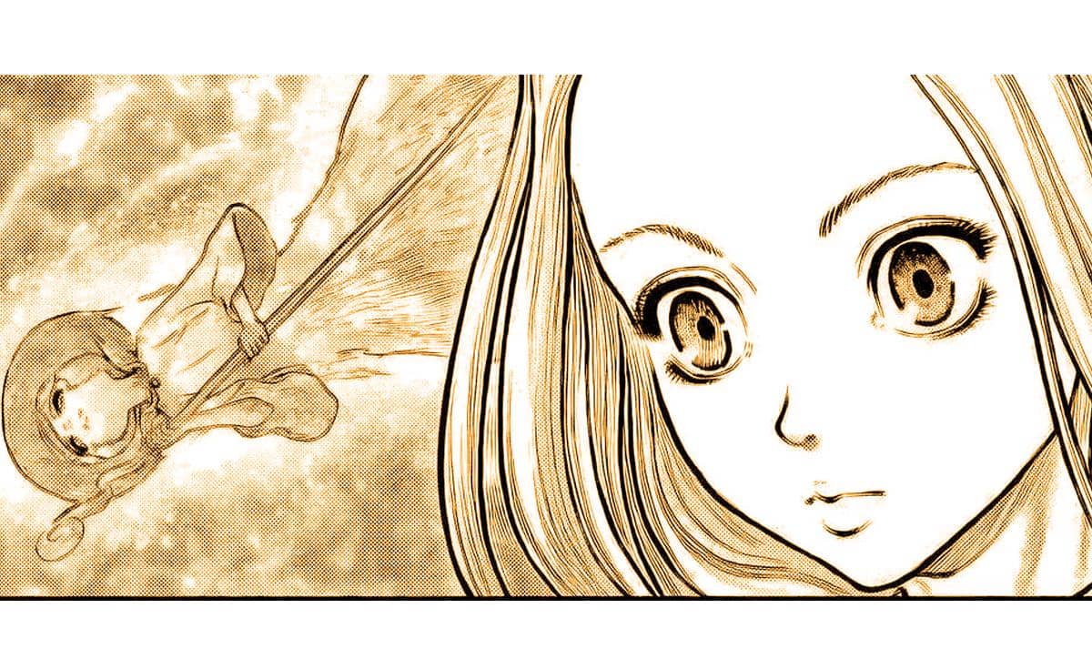 Ilustrasi manga menampilkan karakter perempuan dengan mata besar menatap wujud astral gadis kecil yang melayang di udara.