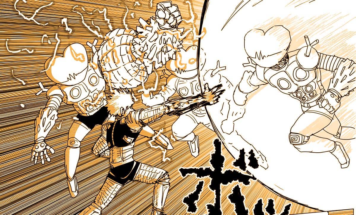 Pertarungan intens antara Genos dan beberapa robot Heart-Gear dengan latar penuh energi listrik berwarna oranye.