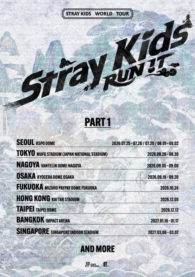 Poster tur dunia Stray Kids bertajuk Run It menampilkan jadwal konser 2026 di berbagai kota Asia seperti Seoul, Tokyo, dan Bangkok.
