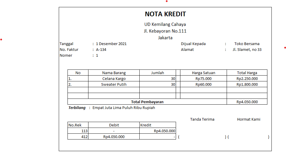 Nota kredit dari UD Kemilang Cahaya berisi rincian pembelian celana kargo dan sweater putih dengan total pembayaran Rp4.050.000.
