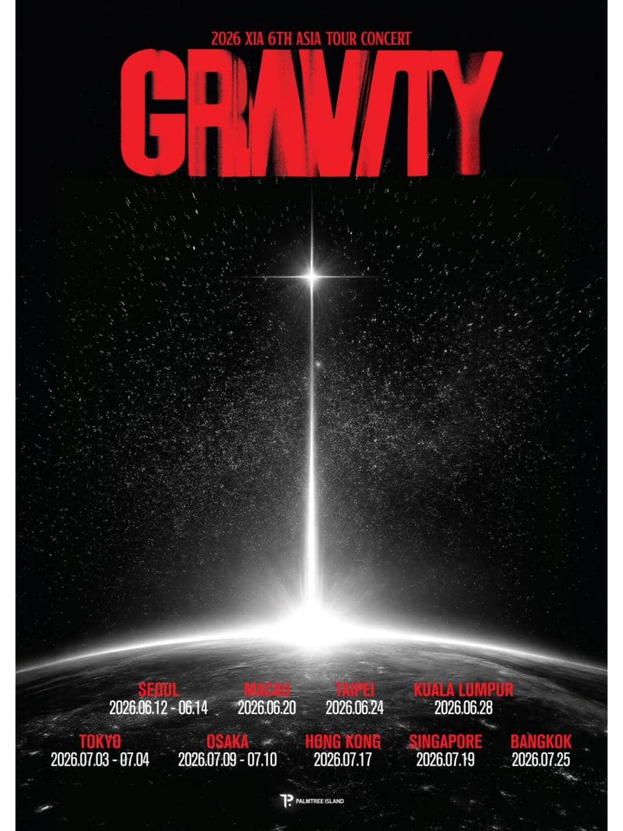Poster tur konser Asia ke-6 bertajuk GRAVITY tahun 2026 dengan daftar kota seperti Seoul, Makau, Taipei, Kuala Lumpur, Tokyo, Osaka, Hong Kong, Singapura, dan Bangkok.