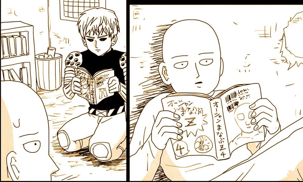 Saitama dan Genos duduk di lantai sambil membaca manga di ruangan sederhana dengan rak buku di belakang mereka.