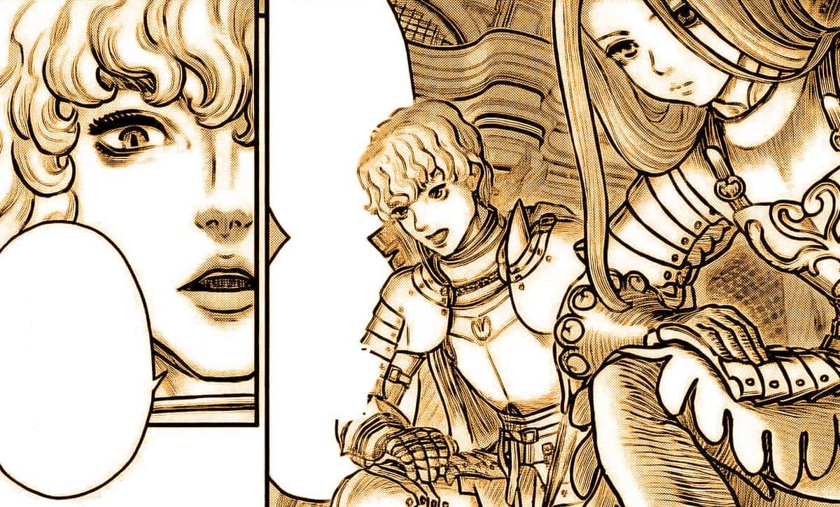 Dua karakter berzirah sedang berbicara dalam panel manga Berserk dengan ekspresi serius dan latar bergaya fantasi abad pertengahan.