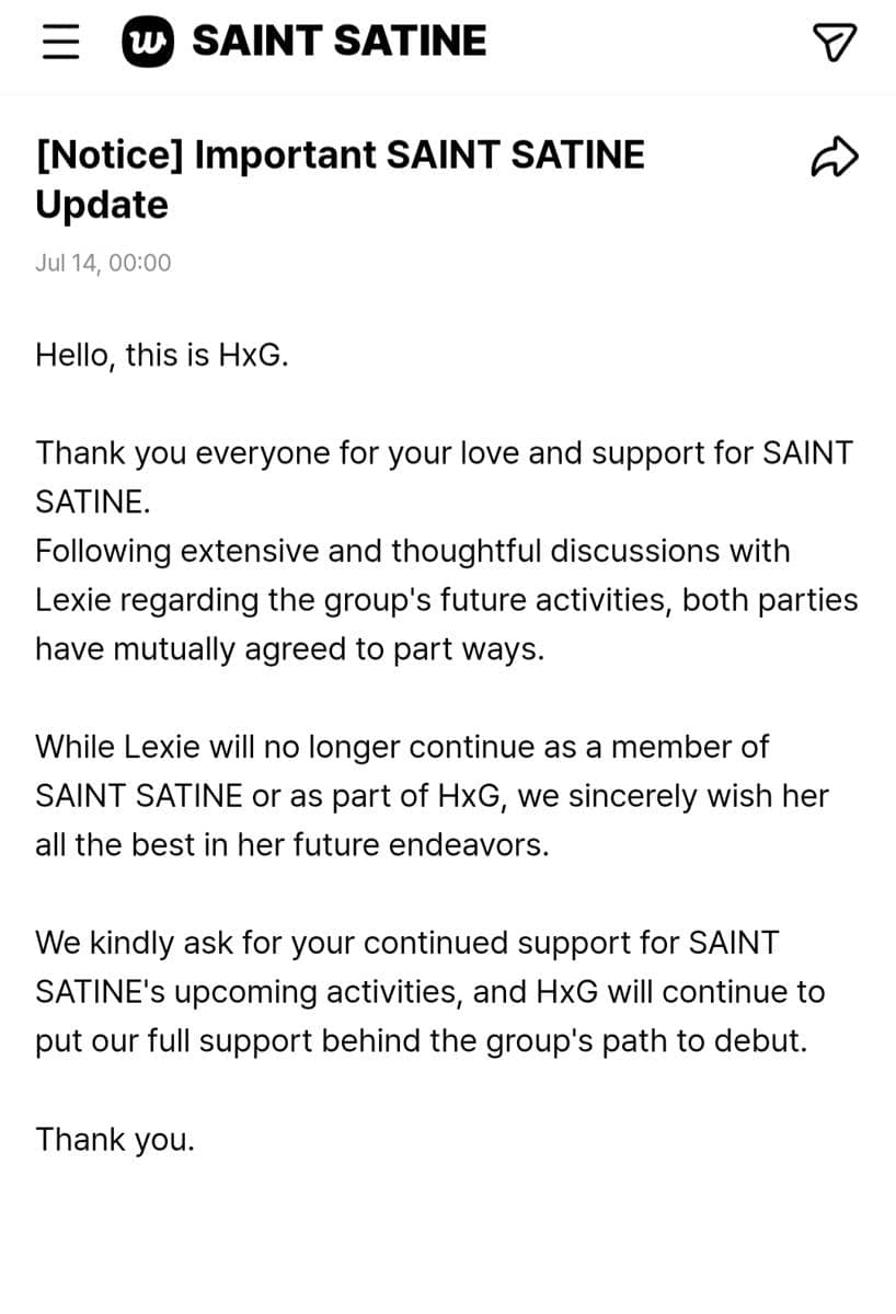 Pengumuman resmi dari agensi Saint Satine di Weverse yang menyatakan Lexie Levin keluar dari grup setelah kesepakatan bersama.