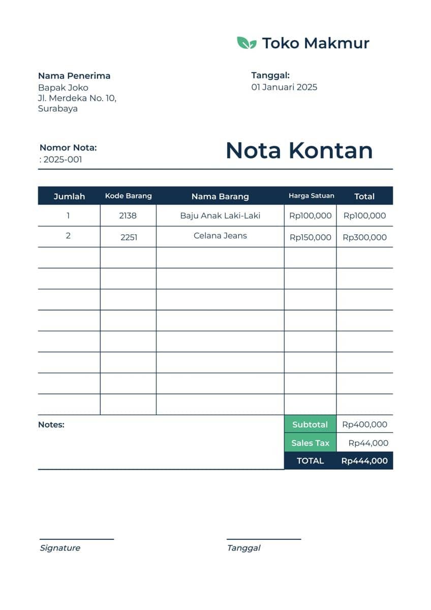 Nota kontan dari Toko Makmur atas nama Bapak Joko di Surabaya berisi pembelian baju anak laki-laki dan celana jeans dengan total Rp444.000.