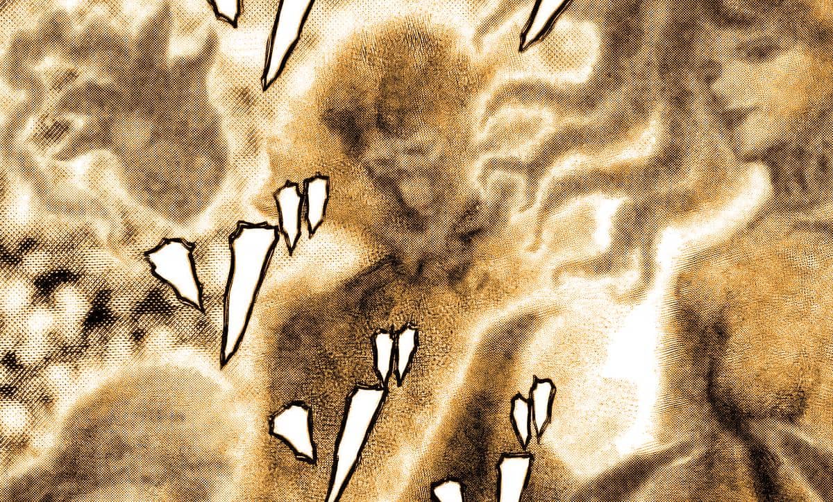 Ilustrasi berwarna sepia menampilkan wujud avatar Godhand dari manga Berserk dengan detail artistik dan efek visual dramatis.
