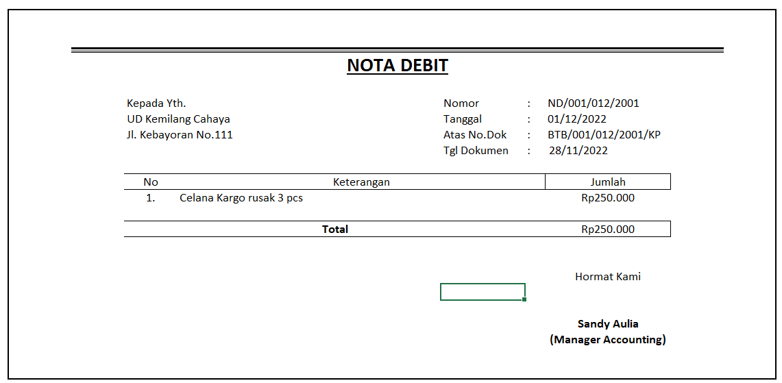 Contoh nota debet berisi rincian pengembalian barang rusak berupa celana kargo sebanyak tiga potong dengan total Rp250.000.