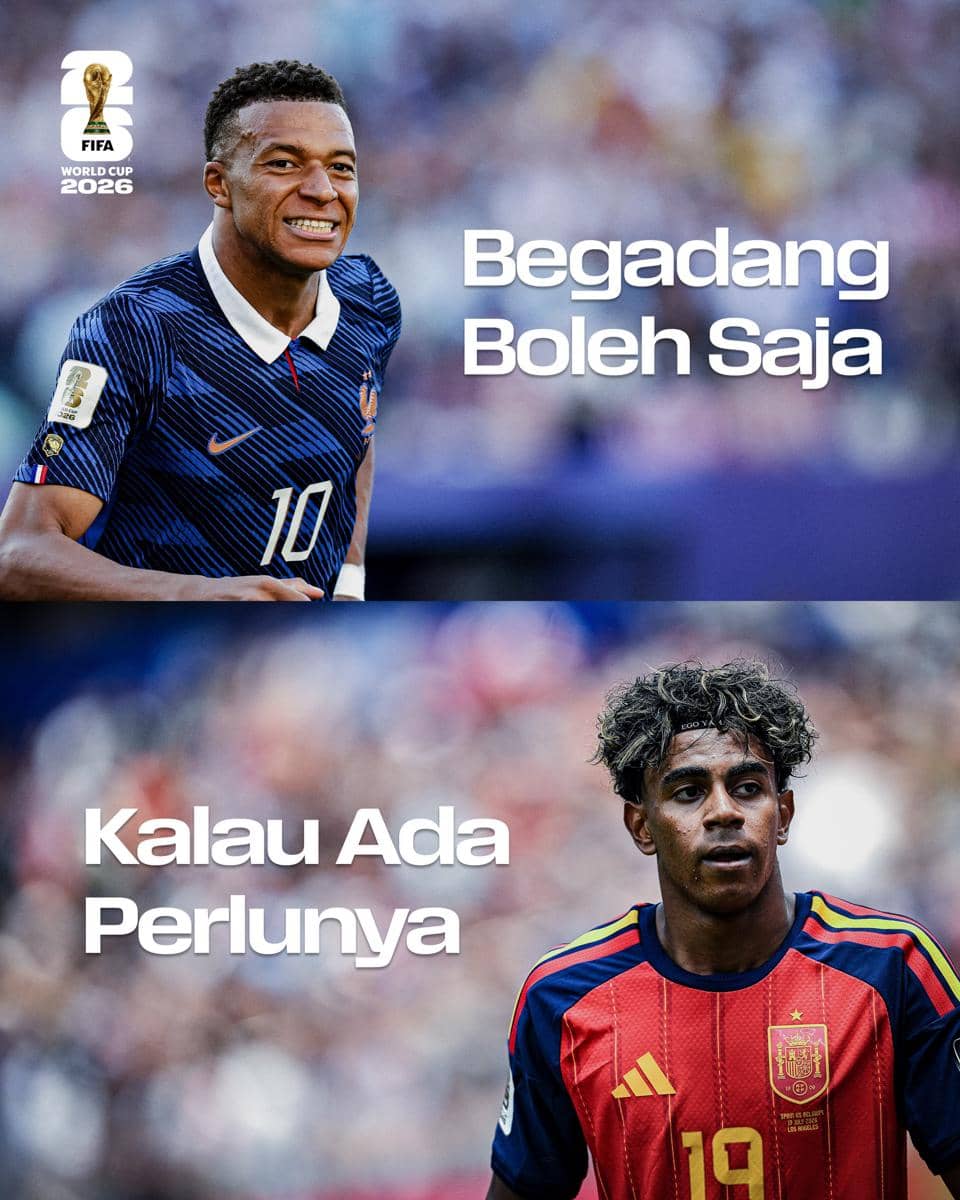 Dua pemain sepak bola dari tim nasional Prancis dan Spanyol dengan tulisan lucu berbahasa Indonesia tentang begadang di poster Piala Dunia FIFA 2026.