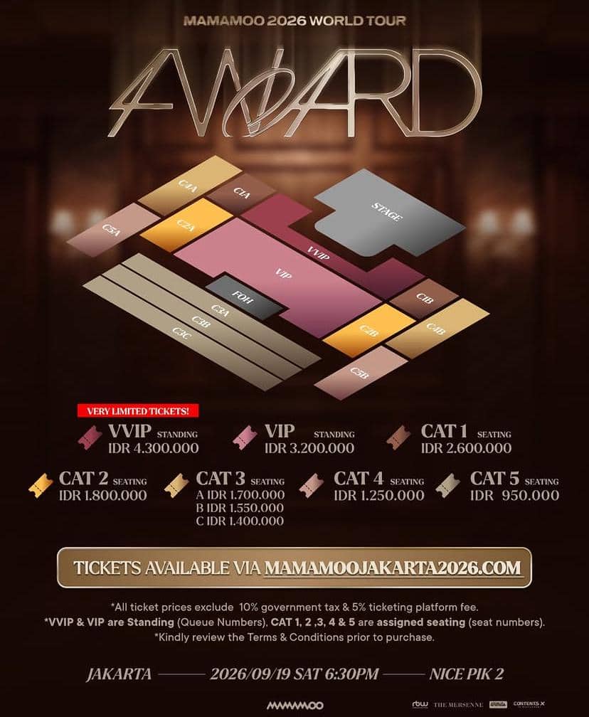 Poster konser MAMAMOO 2026 di Jakarta menampilkan denah tempat duduk, kategori tiket, dan harga mulai dari kategori VVIP hingga CAT 5.