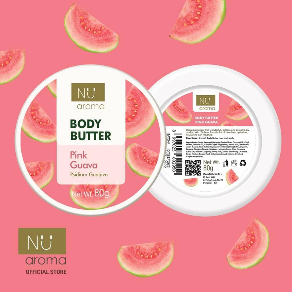 Produk Nu Aroma Body Butter varian Pink Guava berukuran 80 gram dengan latar belakang berwarna merah muda dan potongan jambu biji.