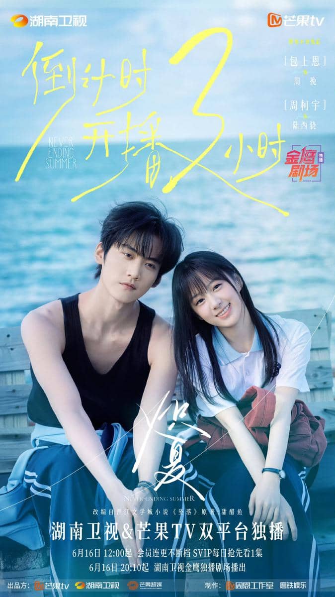 Poster drama China Never Ending Summer menampilkan dua remaja duduk di tepi laut dengan latar langit biru dan tulisan judul berwarna kuning.