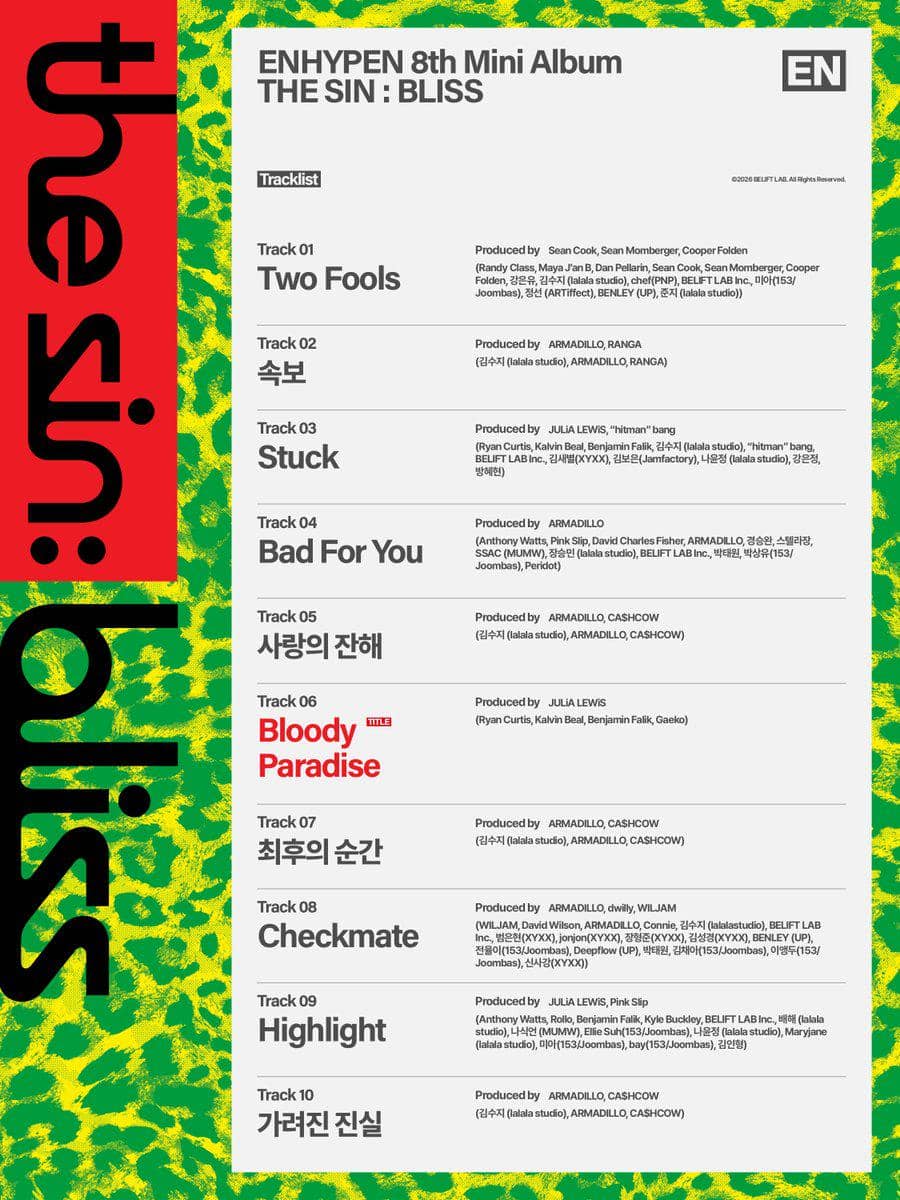 Tracklist mini album ke-8 ENHYPEN, THE SIN : BLISS