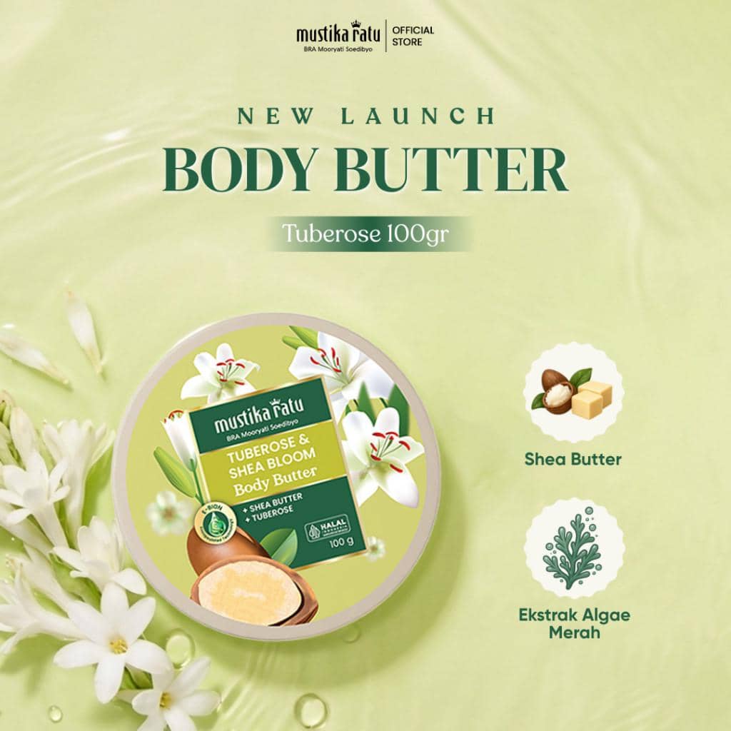 Produk Mustika Ratu Body Butter Tuberose & Shea Butter 100 gram dengan kemasan hijau dan bunga tuberose di latar belakang.