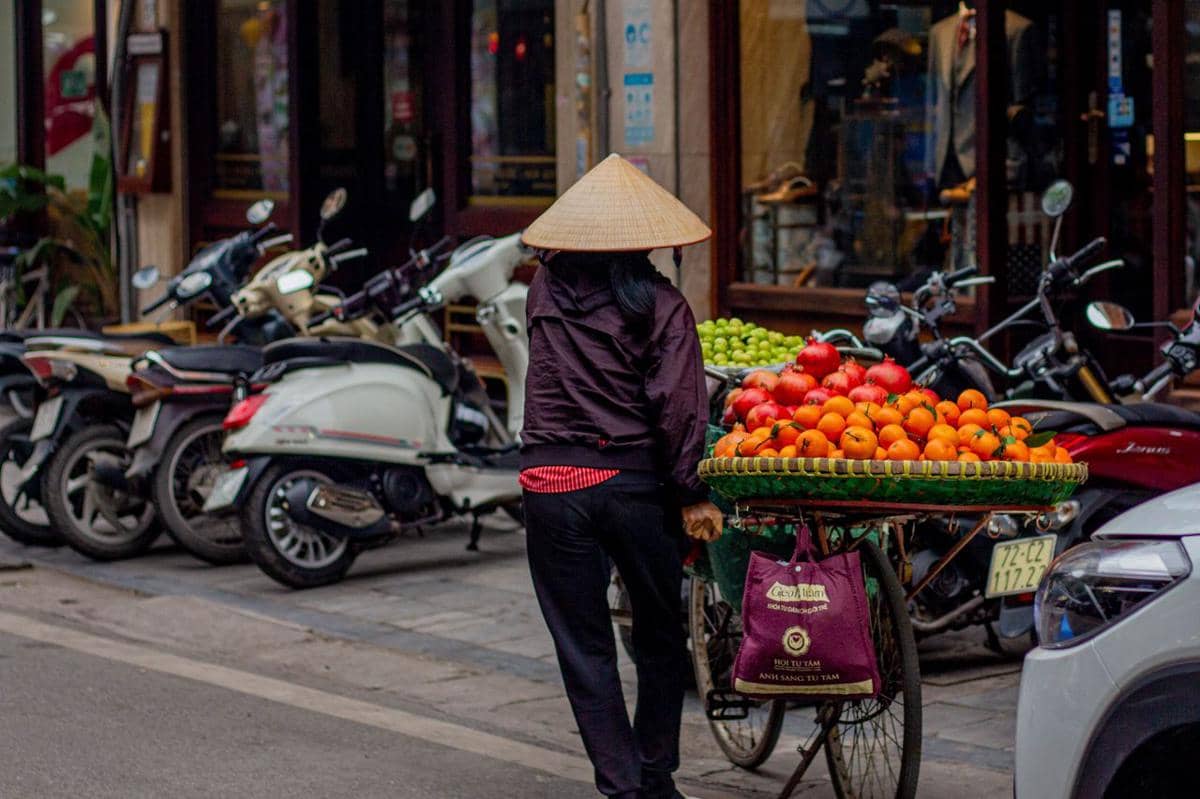 ilustrasi penjual buah di Hanoi, Vietnam, bisnis, usaha kecil