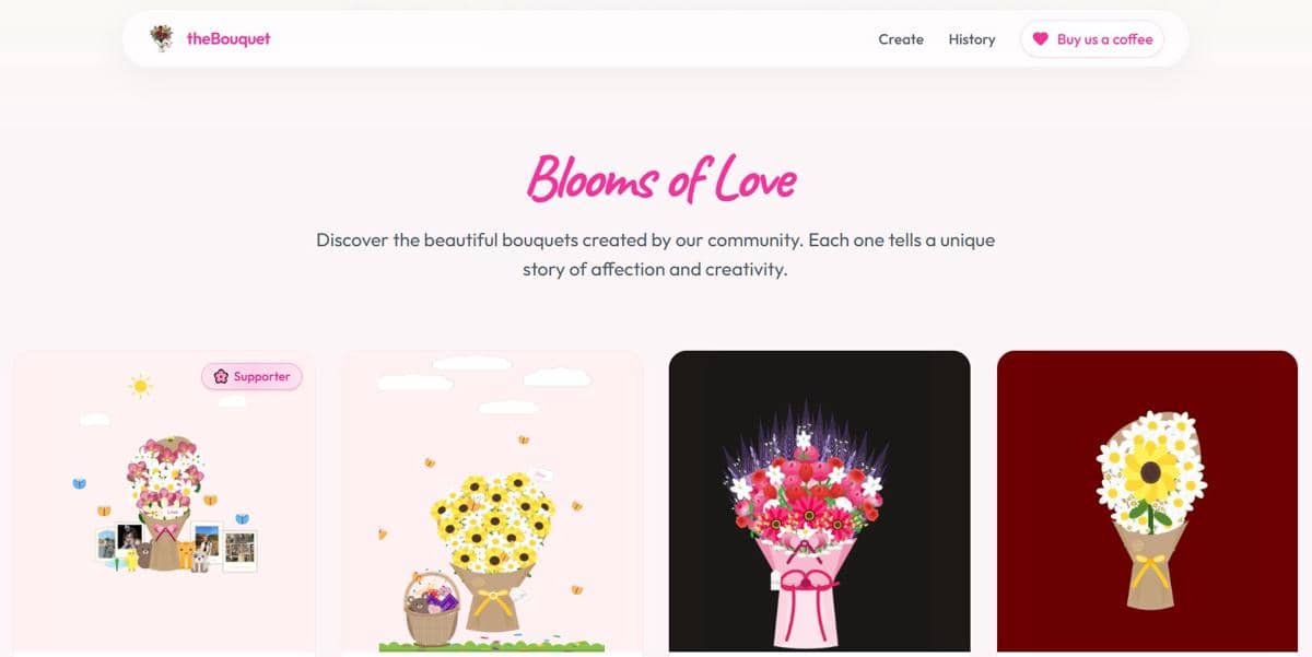 Tangkapan  layar website theBouquet menampilkan koleksi buket yang pernah dibuat