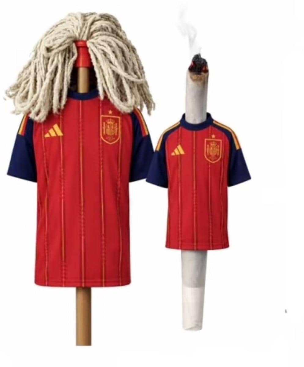Dua benda mengenakan jersey tim nasional Spanyol, satu dengan pel mop di atasnya dan satu lagi berbentuk rokok besar menyala.