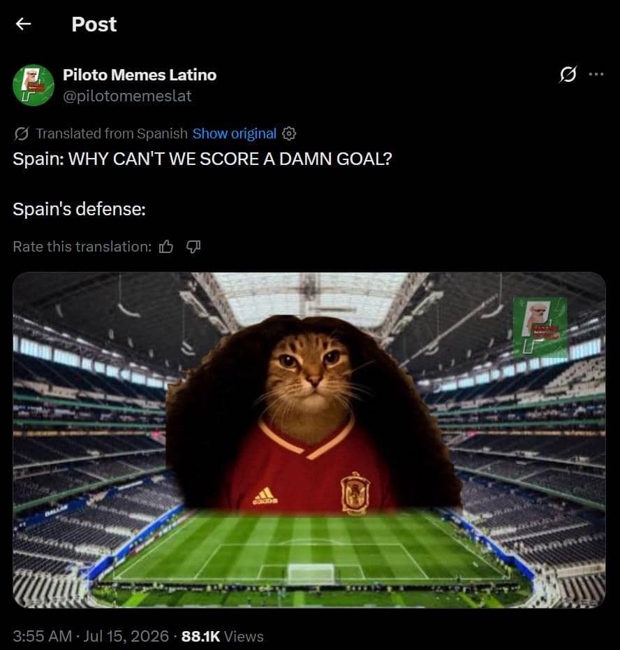 Meme seekor kucing memakai jersey tim nasional Spanyol dengan rambut panjang di stadion sepak bola, menggambarkan pemain bertahan Spanyol.