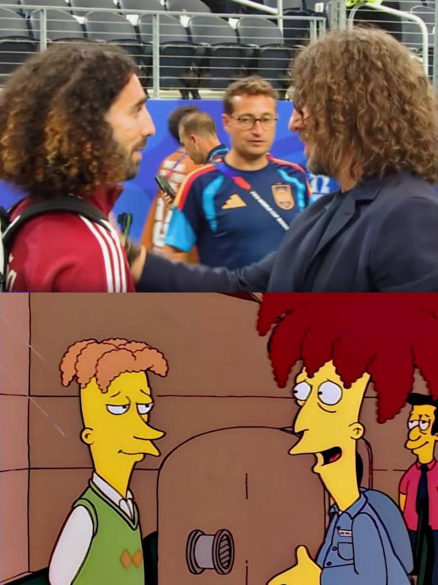 Kolase gambar memperlihatkan dua orang dengan rambut keriting berbicara di stadion dan adegan kartun dua karakter dengan gaya rambut serupa.