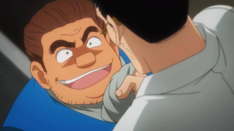 Dua karakter anime sedang berinteraksi dengan ekspresi intens, salah satunya tersenyum lebar sambil memegang kerah baju karakter lain.