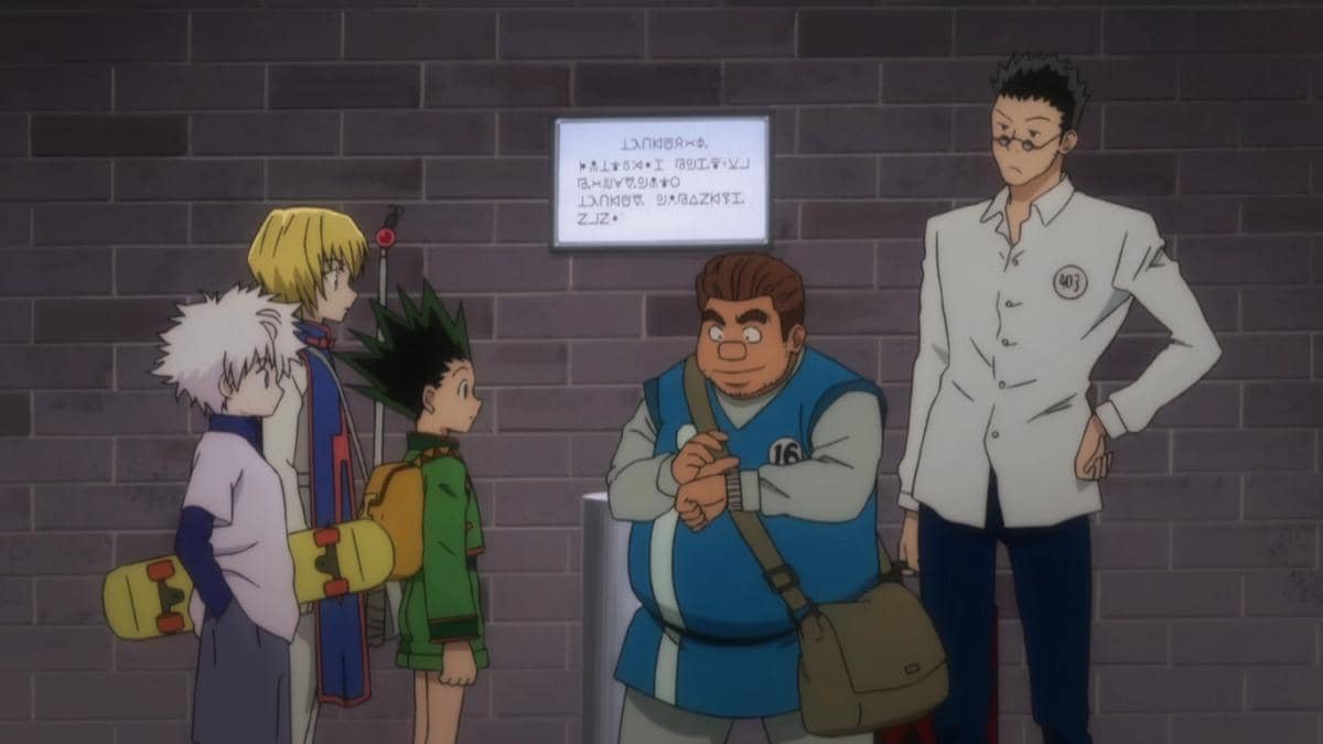 Tonpa dan para protagonis Hunter x Hunter berdiri di depan dinding batu sambil berbincang dalam suasana ujian Hunter.