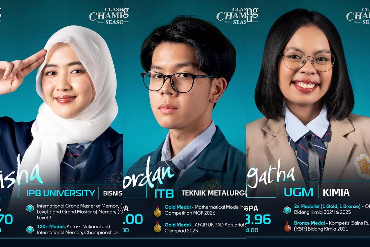 Tiga peserta Clash of Champions lulusan SMA negeri berpose dengan seragam universitas masing-masing, menampilkan prestasi akademik dan medali yang diraih.