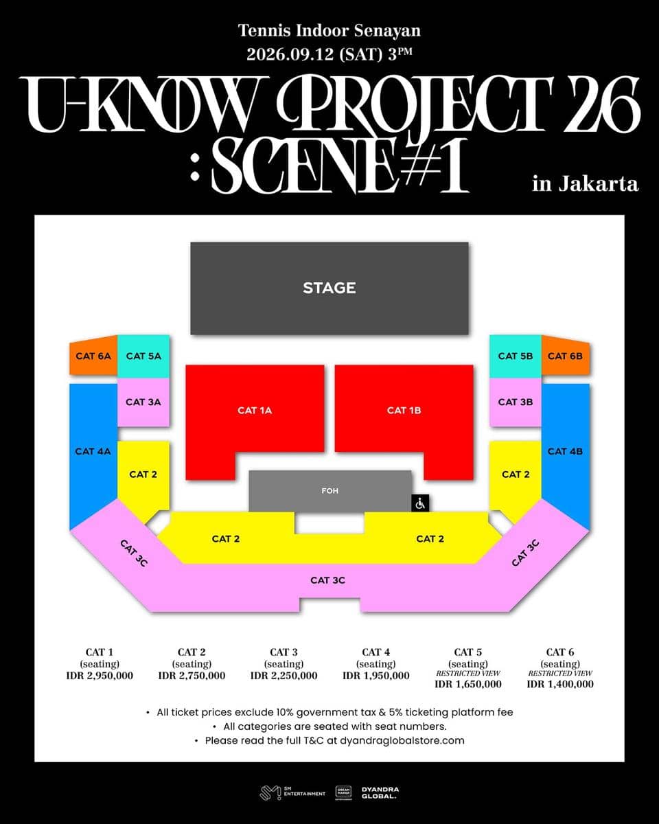 Denah tempat duduk dan harga tiket konser U-Know Project 26 Scene #1 di Tennis Indoor Senayan Jakarta pada 12 September 2026.