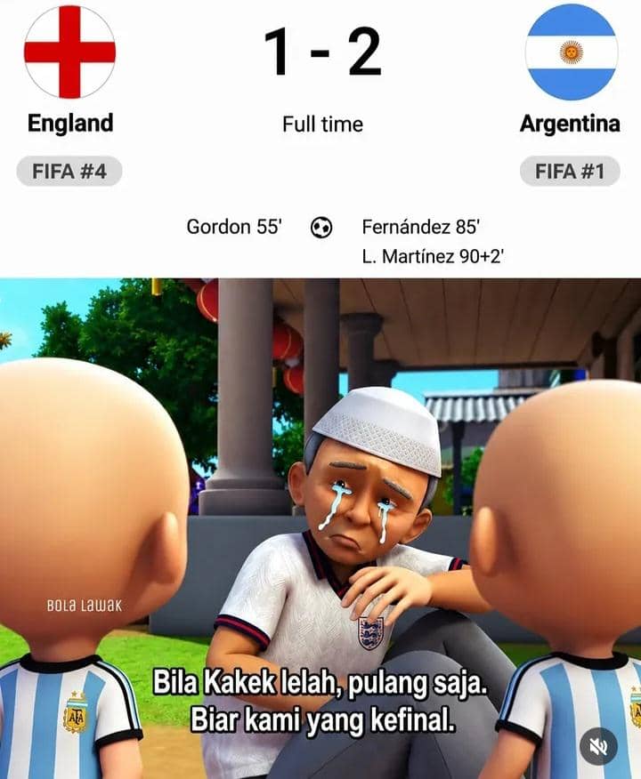 Meme animasi memperlihatkan karakter berpakaian timnas Inggris menangis setelah kekalahan 1-2 dari Argentina di Piala Dunia 2026.