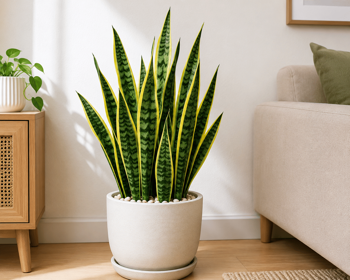 Tanaman lidah mertua (Sansevieria) dengan daun hijau bercorak kuning di dalam pot putih, diletakkan di ruang tamu bergaya minimalis.