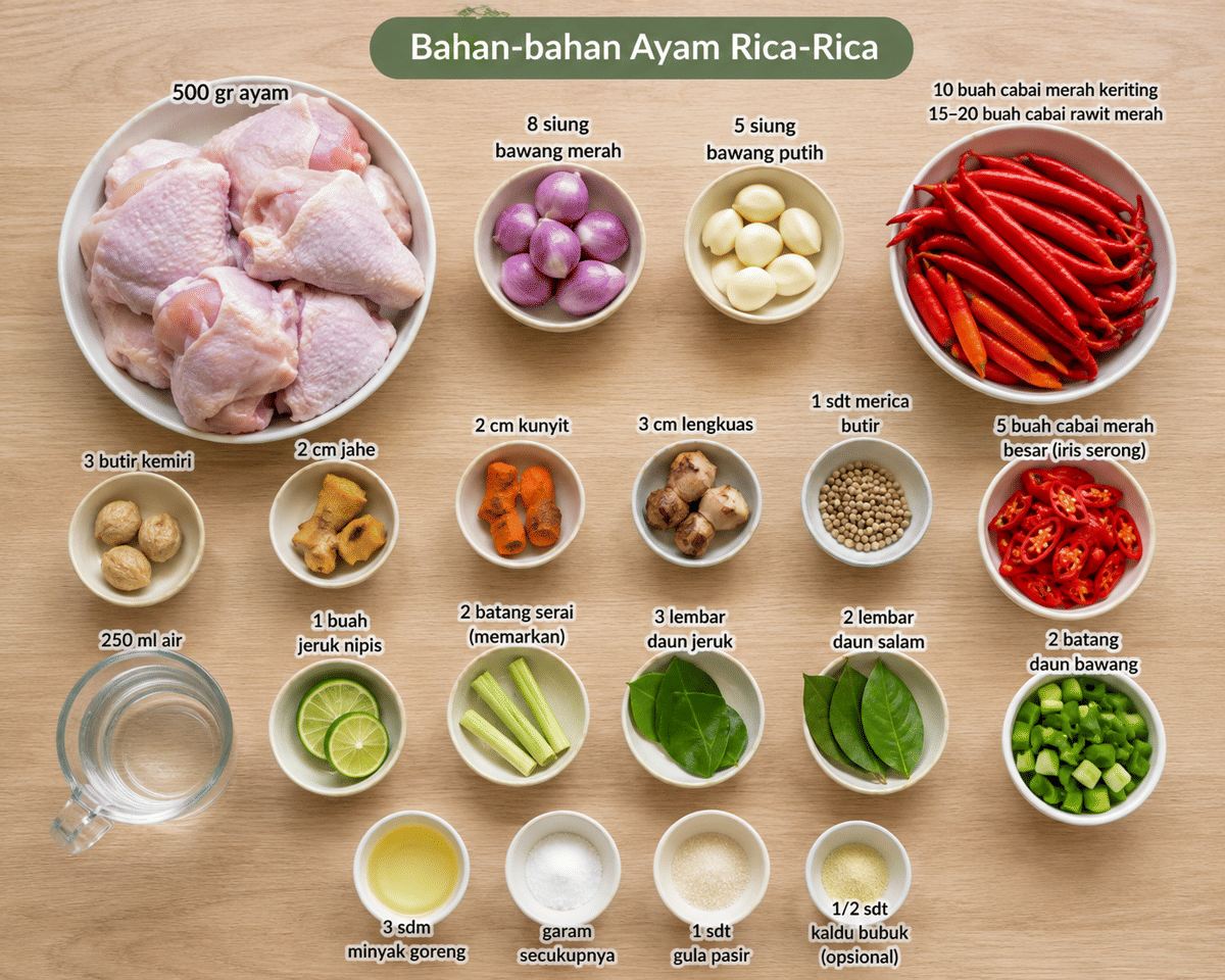 Susunan bahan-bahan ayam rica-rica di atas meja kayu, terdiri dari potongan ayam, cabai merah, cabai rawit, bawang merah, bawang putih, serai, daun jeruk, daun salam, jahe, kunyit, lengkuas, kemiri, jeruk nipis, dan bumbu pelengkap.