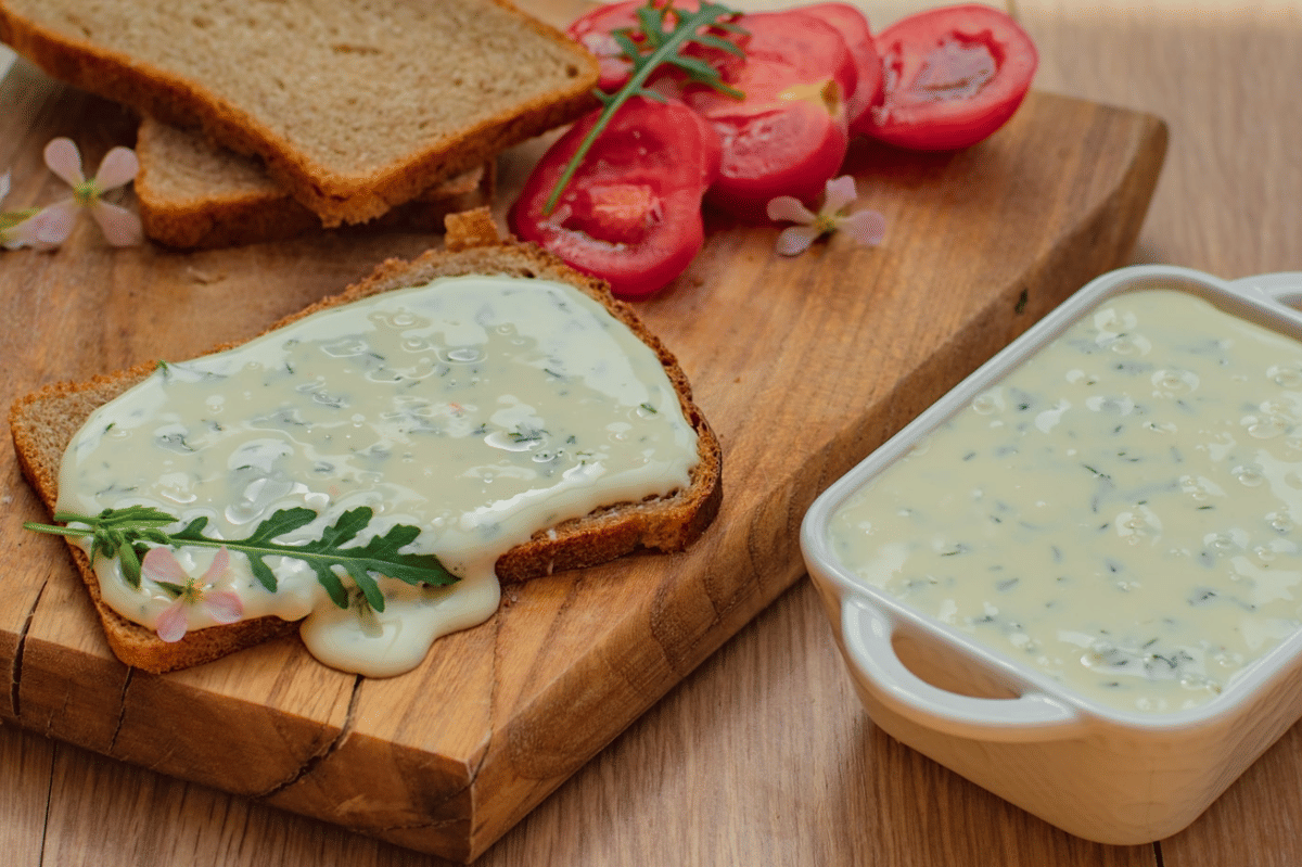 Roti gandum di atas talenan kayu diolesi lelehan keju dengan daun arugula dan bunga kecil, disertai potongan tomat segar di sampingnya.