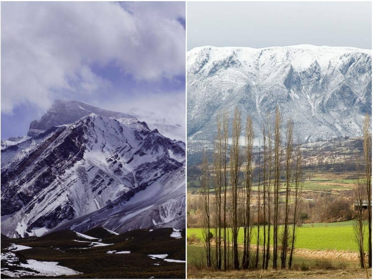 kolase foto Pegunungan Andes (kiri) dan Pegunungan Pyrenees (kanan)