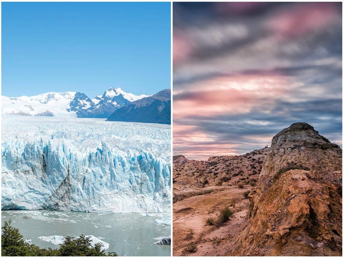 kolase foto Perito Moreno (kiri) dan Gurun Tanernas (kanan)