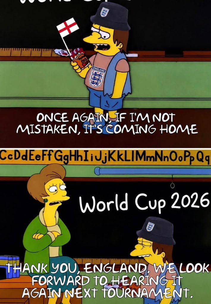 Meme karakter The Simpsons mengenakan atribut tim nasional Inggris dengan tulisan lucu tentang kegagalan Inggris di Piala Dunia 2026.