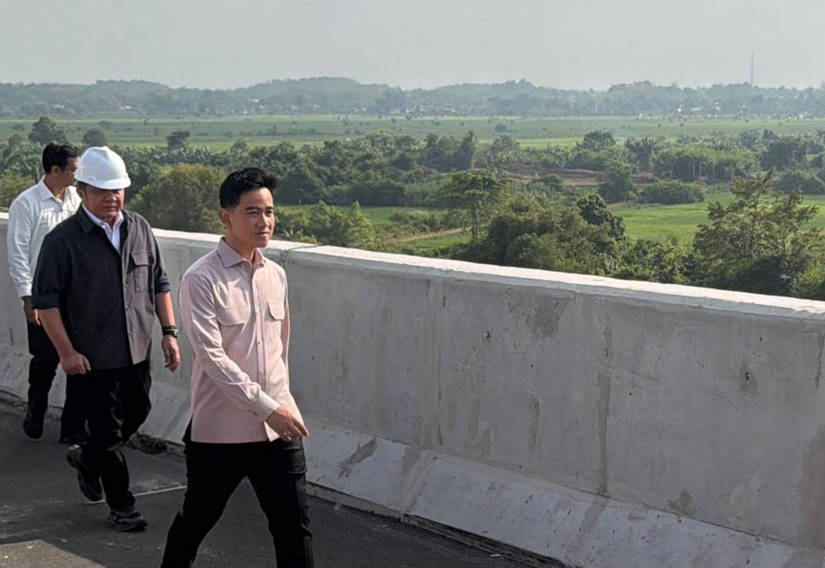 Seorang pria berkemaja muda berjalan di atas jembatan beton bersama rombongan saat meninjau proyek pembangunan di area hijau terbuka.