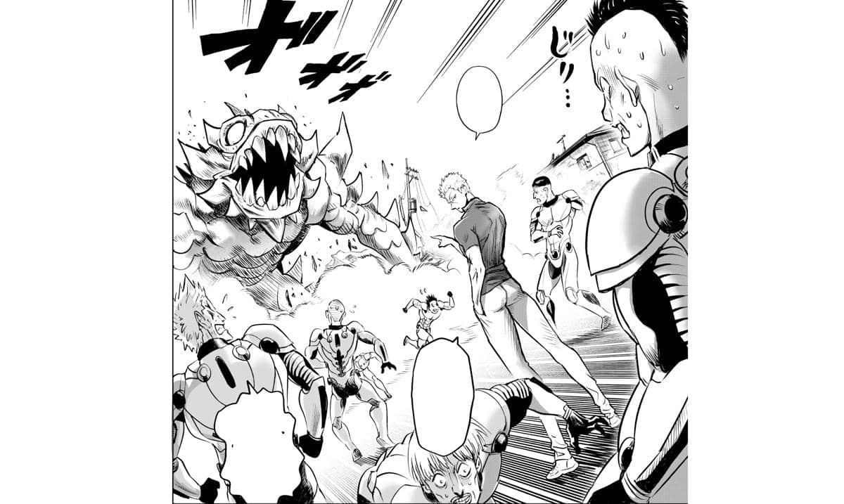 Garou dan anggota Neo Heroes menghadapi serangan monster besar dengan gigi tajam dalam adegan manga One Punch Man.