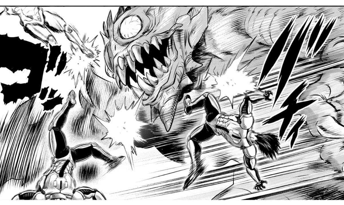 Para Neo Heroes bertarung sengit melawan monster besar bernama Hellmon dalam adegan manga penuh aksi dan ledakan energi.