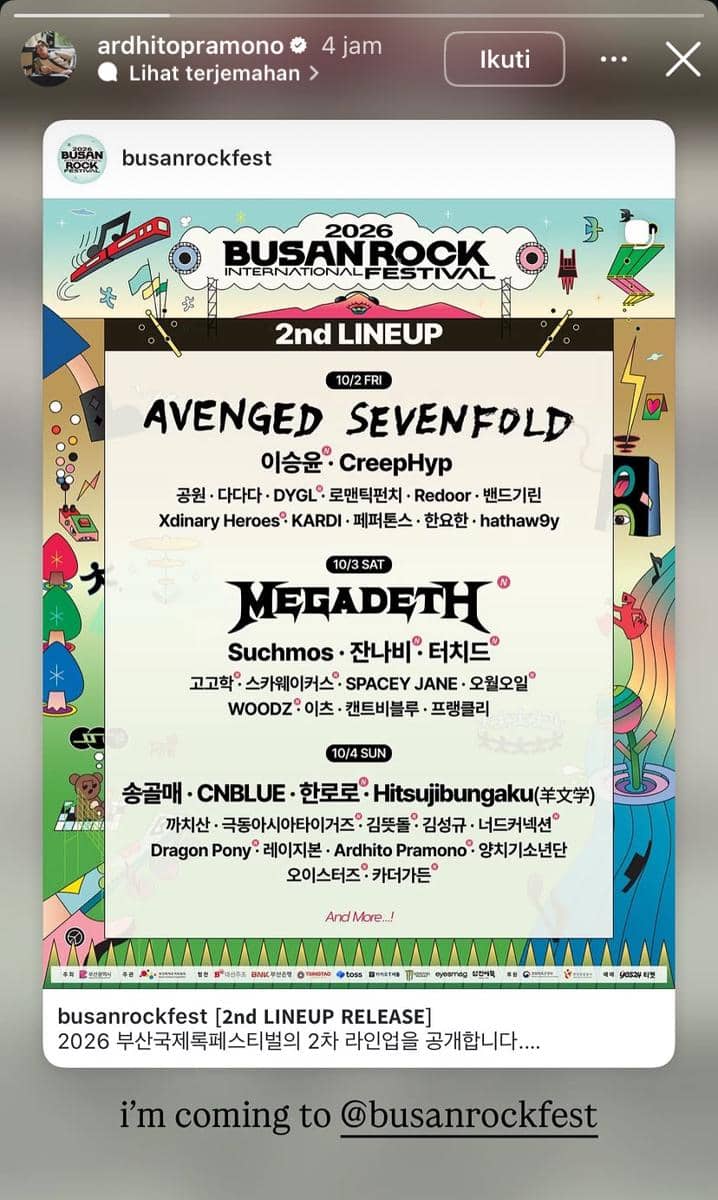 Poster lineup kedua Busan Rock Festival 2026 menampilkan berbagai musisi internasional dan lokal, termasuk Avenged Sevenfold, Megadeth, dan Ardhito Pramono.