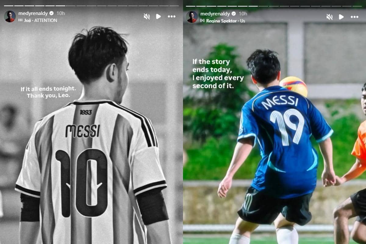 Seorang pria mengenakan jersey Lionel Messi nomor 10 dan 19 saat bermain sepak bola di lapangan dan berpose dari belakang.