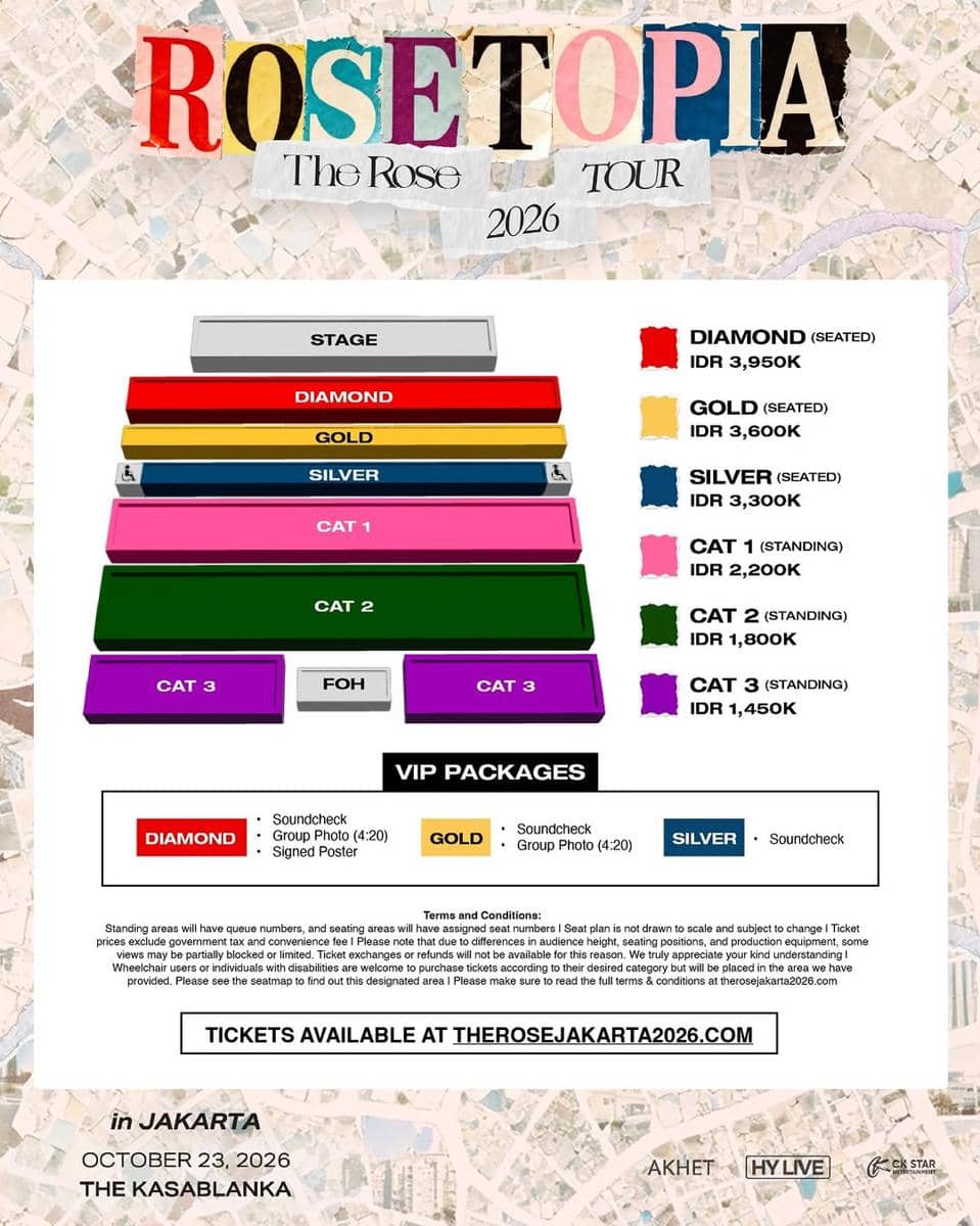 Poster harga tiket konser The Rose 2026 di Jakarta menampilkan kategori Diamond, Gold, Silver, Cat 1, Cat 2, dan Cat 3 dengan denah tempat duduk.