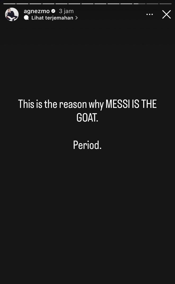 Unggahan Instagram Stories dengan tulisan 'This is the reason why MESSI IS THE GOAT. Period.' di latar belakang hitam.