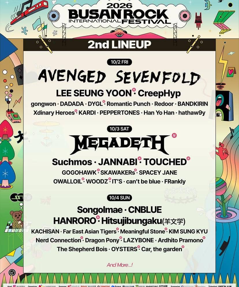 Poster lineup Busan Rock International Festival 2026 menampilkan Avenged Sevenfold, Megadeth, CNBLUE, dan berbagai musisi internasional.